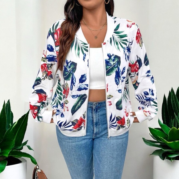 New Women's Tropical Plant Print Baseball Collar Jacket - Picture 9 of 16